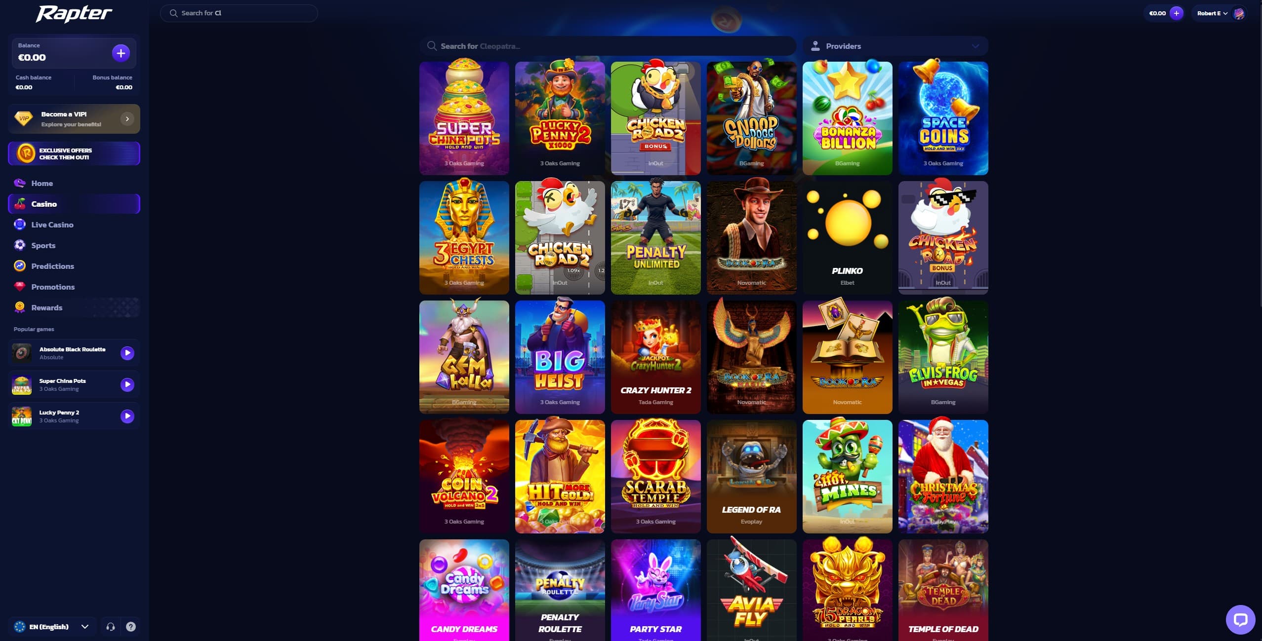 Rapter Landing Page showing a selection of slots and the main menu