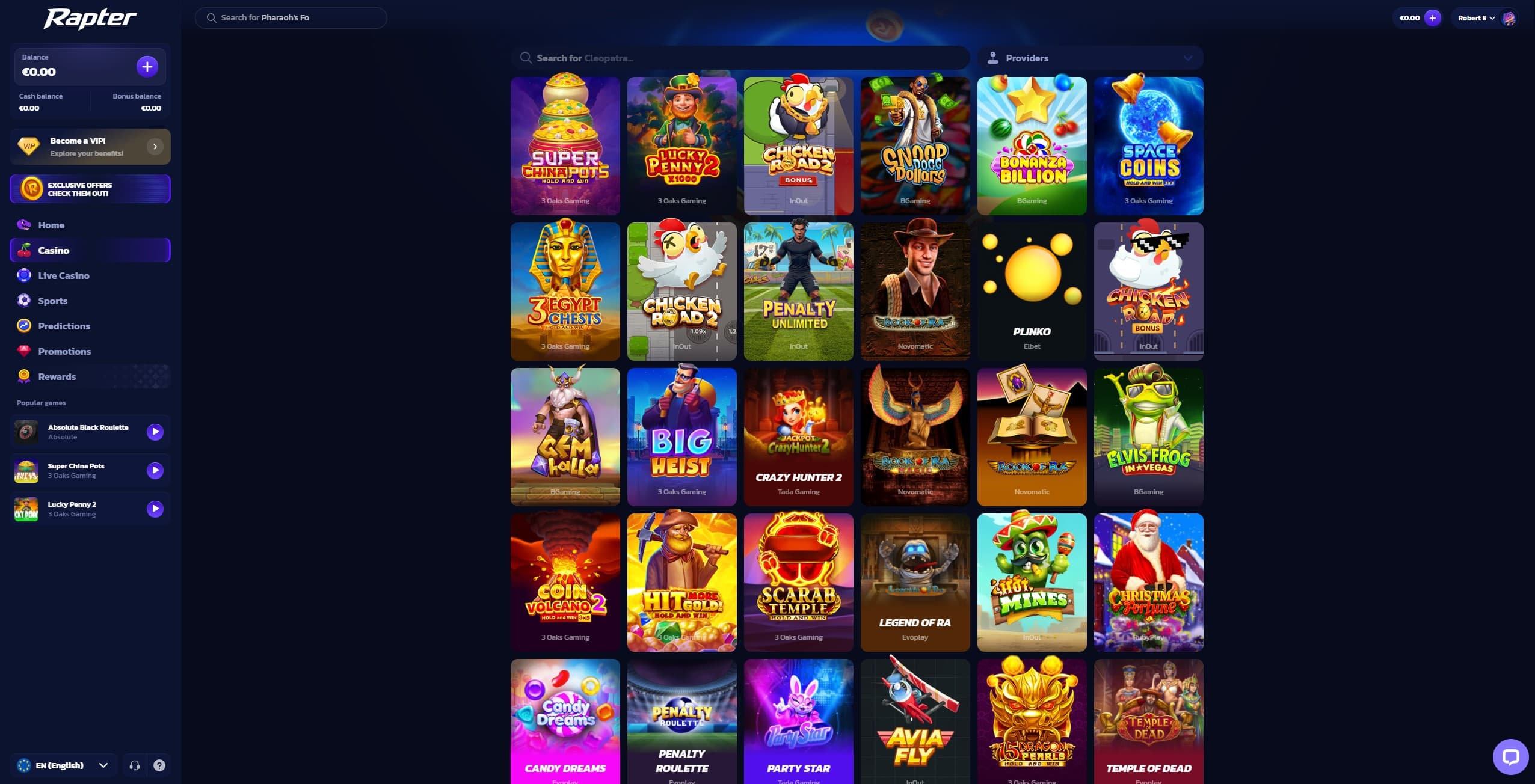 Rapter Landing Page showing a selection of casino games and the main menu