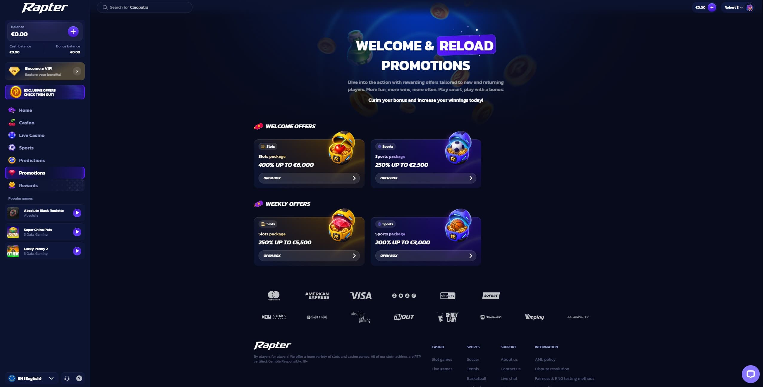 Rapter promotions Page showing the available bonuses and promotions