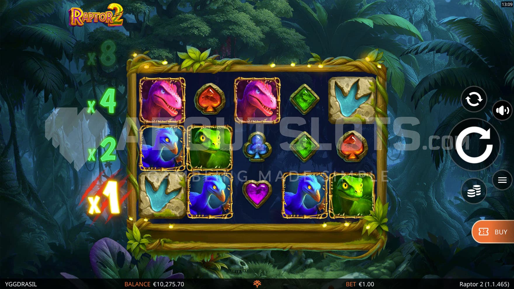 Base Game view of a 5x3 grid on a backdrop of a dense prehistoric jungle.