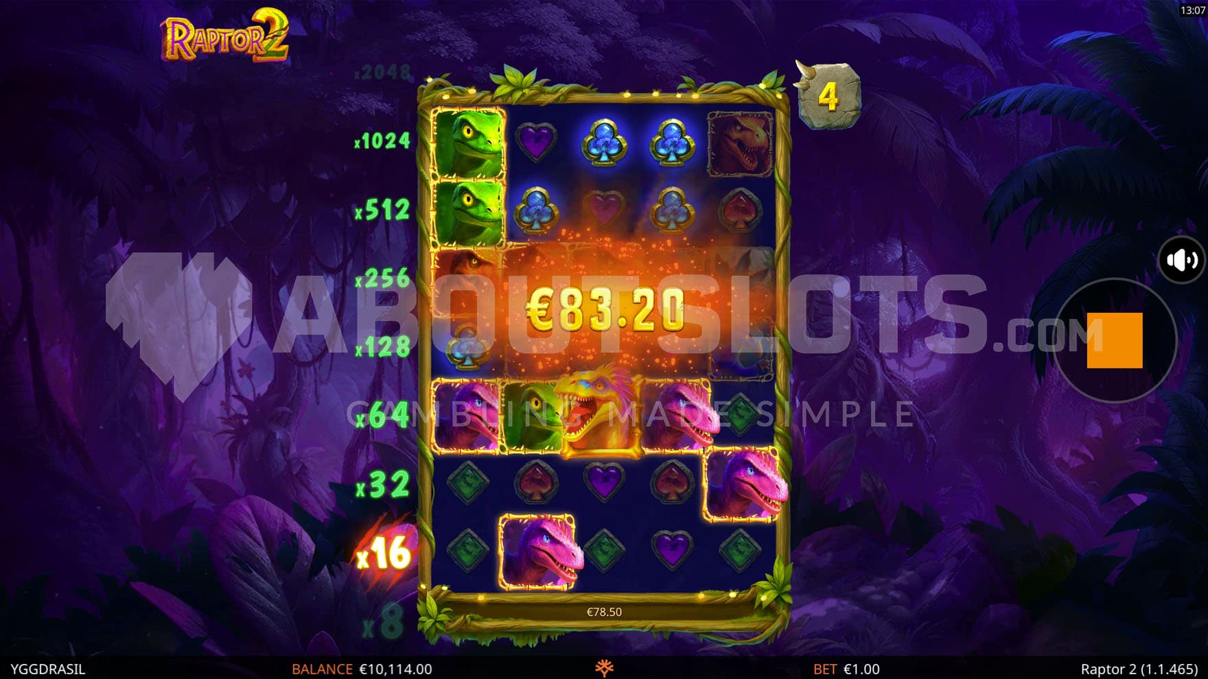 Free Spins bonus in progress, showing the grid's size increased to the maximum and the DoubleMax multiplier increased to x16.