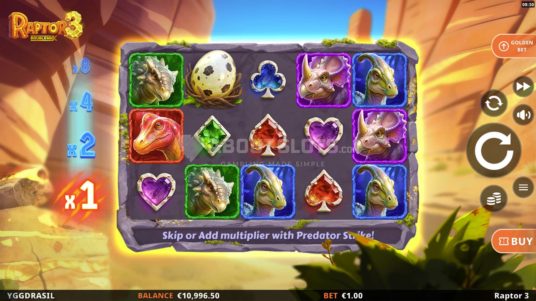 Screenshot of the base game, showing a 5x3 grid on a backdrop of a natural canyon.