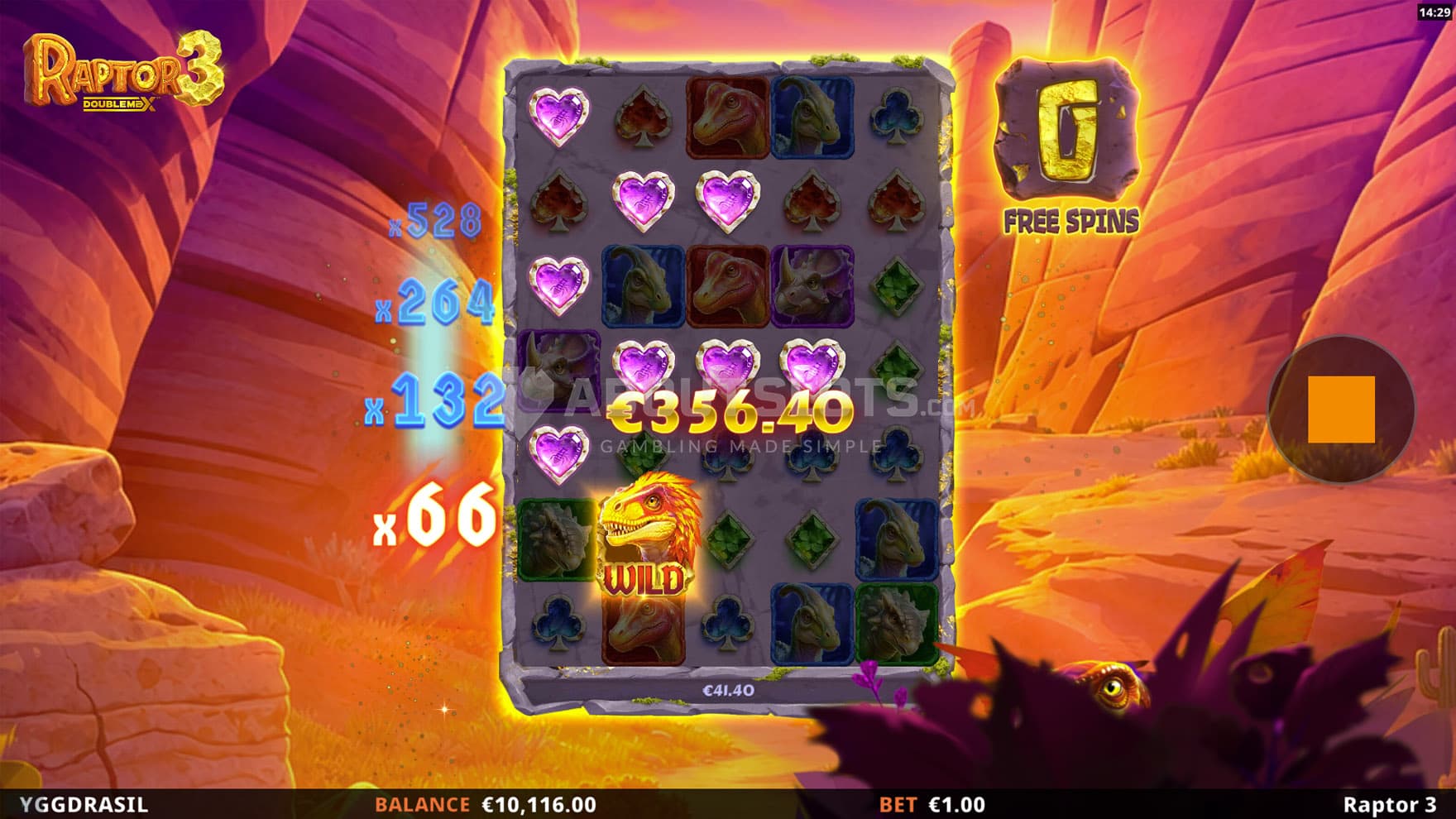 Screenshot of the Free Spins bonus in progress, showing the grid expanded to 7 rows and the win multiplier increased to x66.