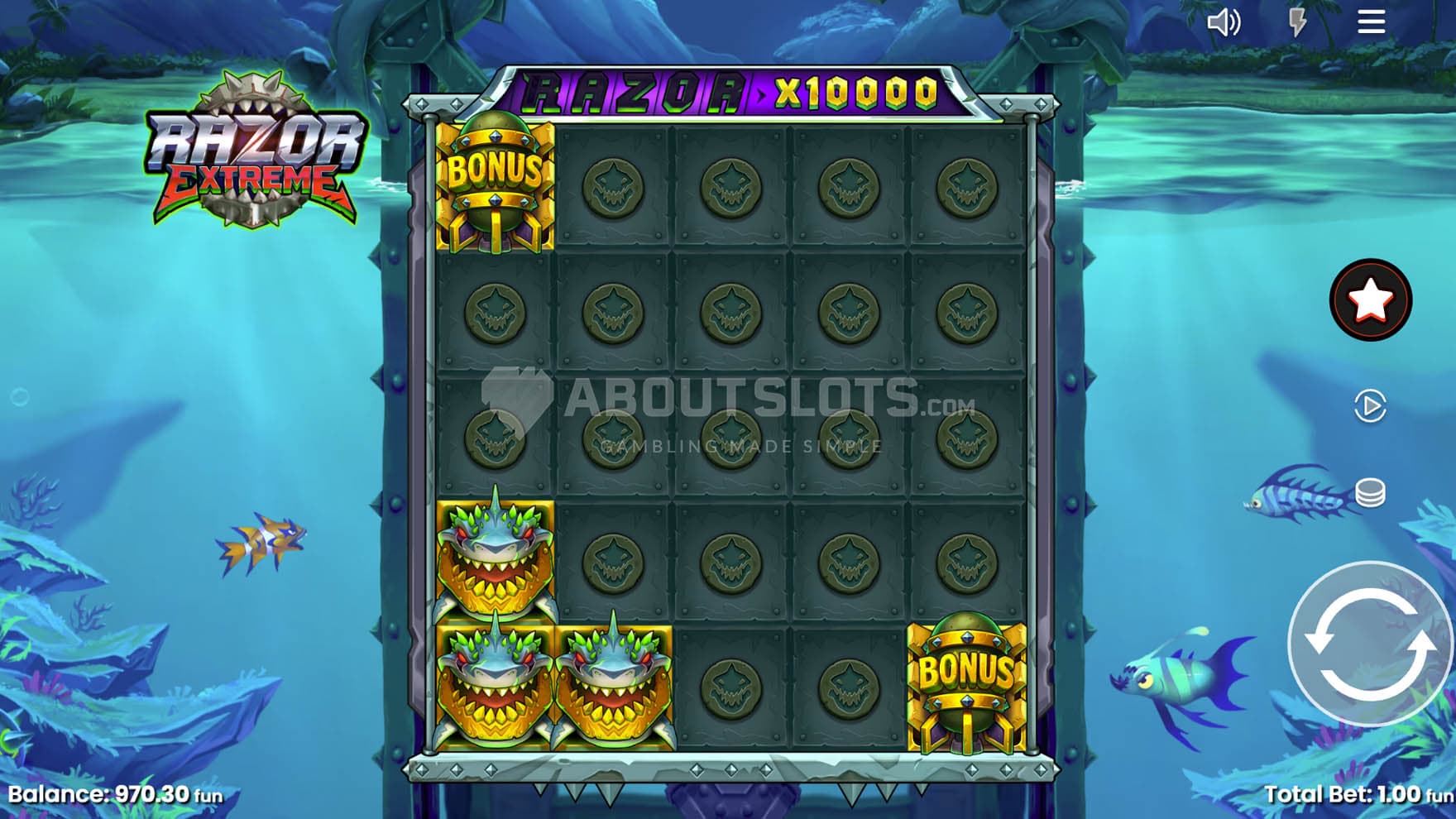 Screenshot of the base game, showing a 5x5 grid on a backdrop of an underwater landscape.