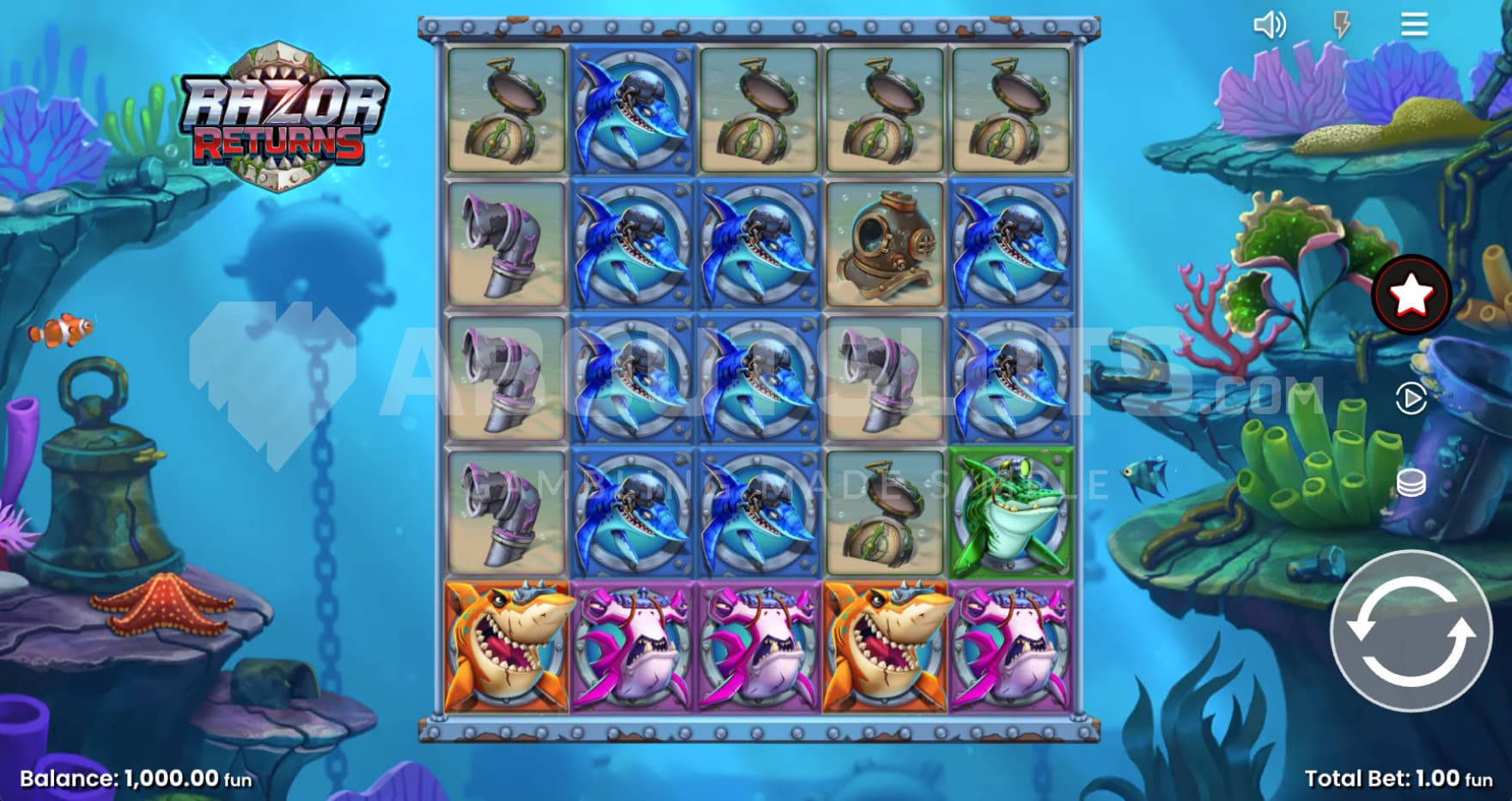 Base Game with colorful corals in the background of the reels.