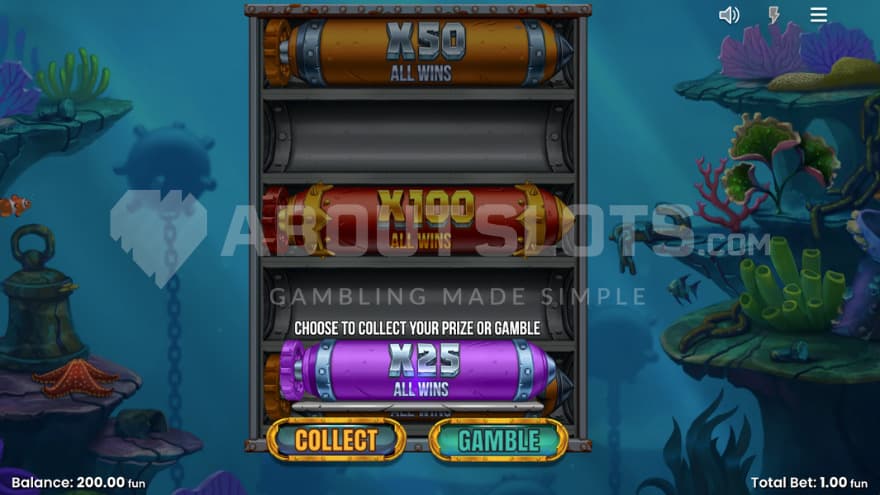 Gamble feature being active, giving an option to either collect or gamble for a better bonus game setup.
