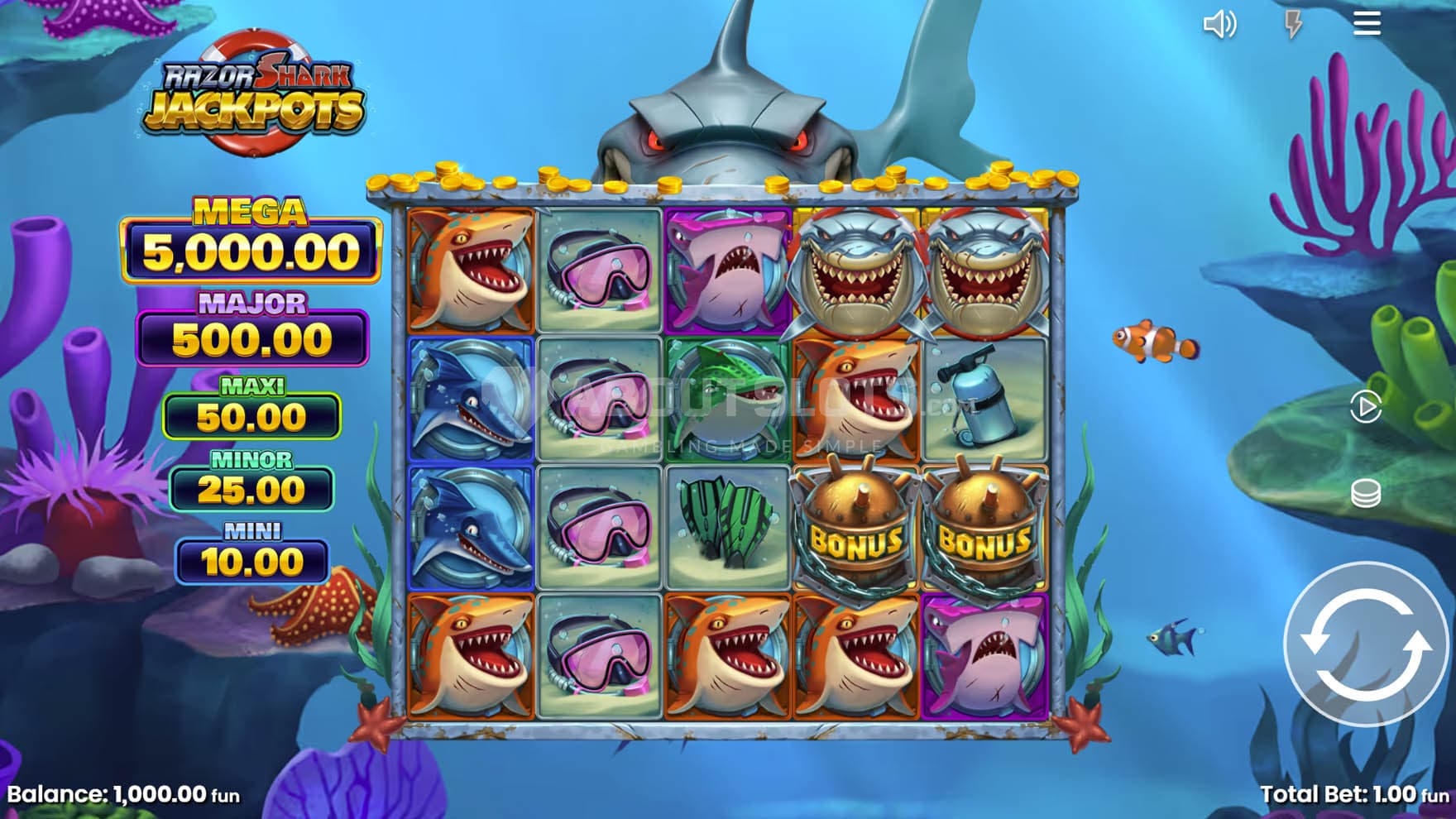 Base Game view of a 5x4 grid on a backdrop of an underwater landscape.