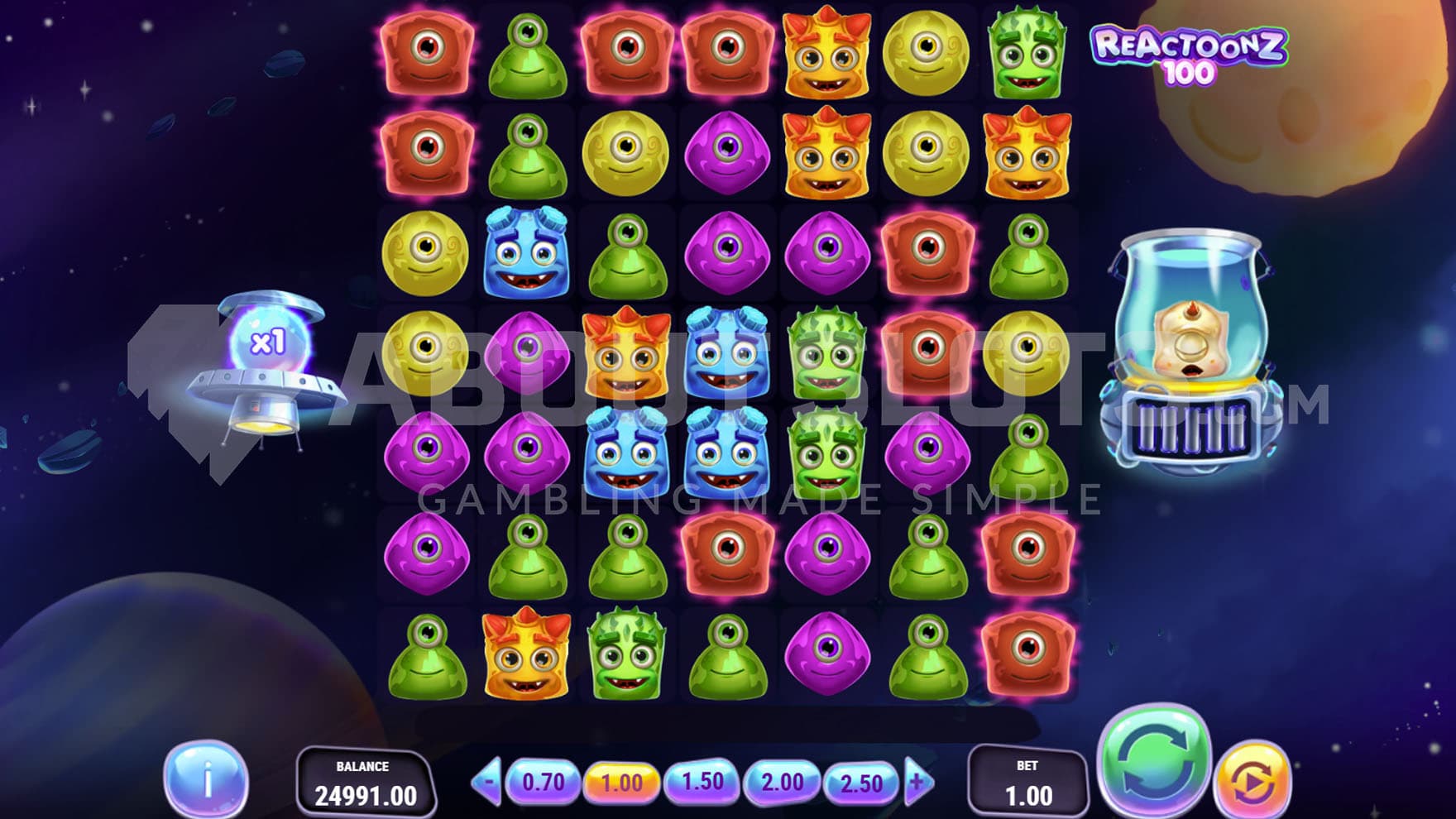 Base Game view of a 7x7 grid hovering in outer space with planets, stars, and asteroids in the background.