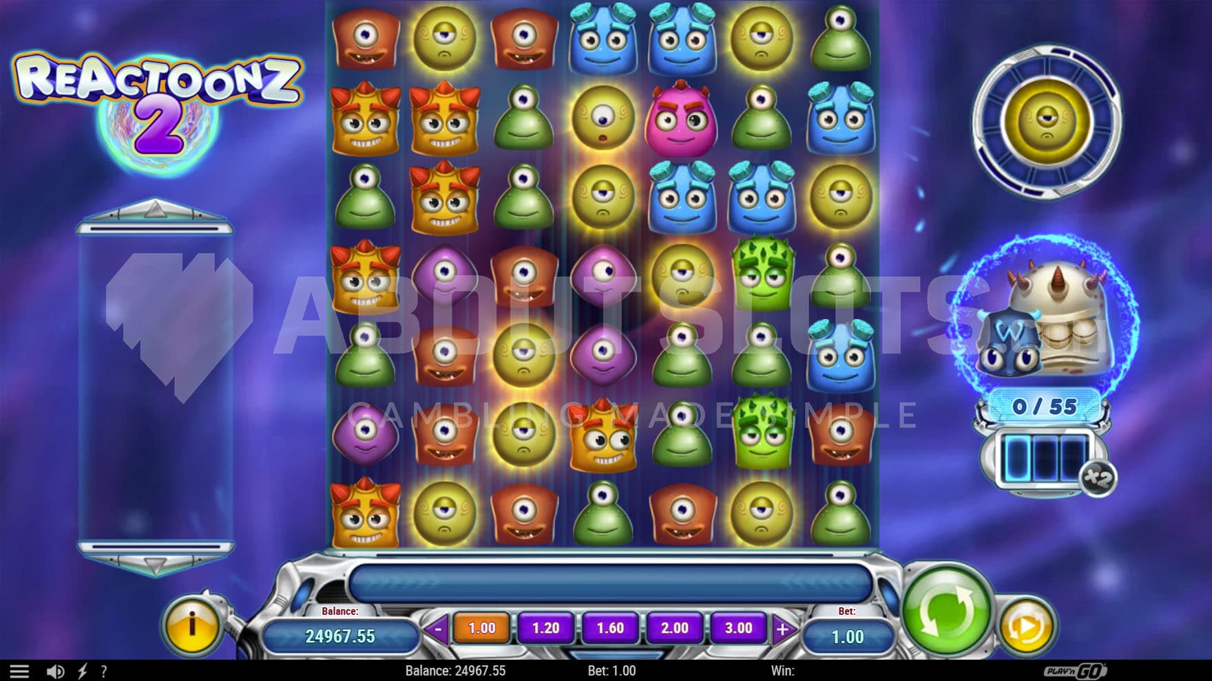 Base Game view of a 7x7 grid with two progression meters on the right and the win tracking panel on the left.