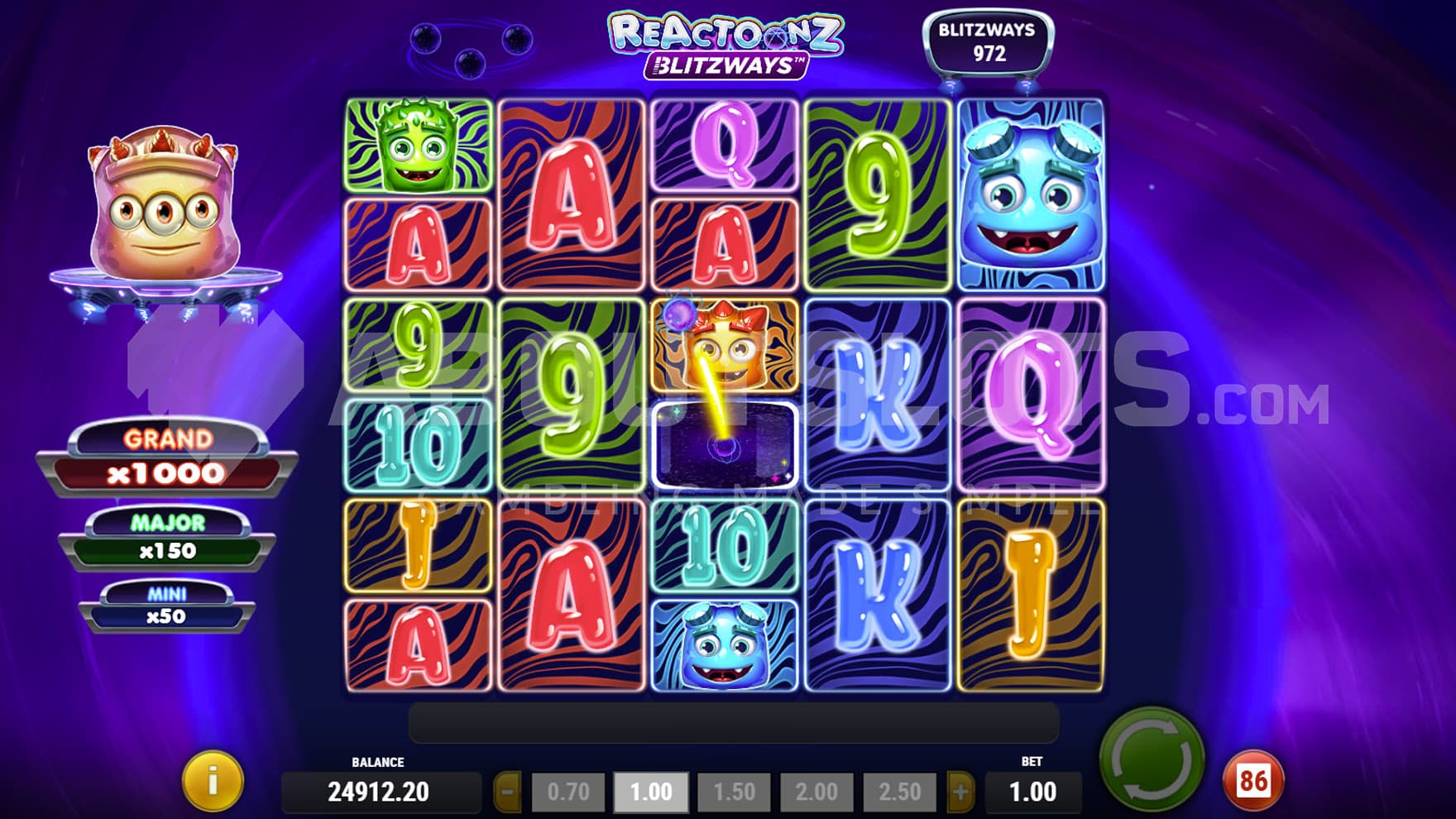 Base Game view of a 5-reel grid with randomising reels on a backdrop of outer space.