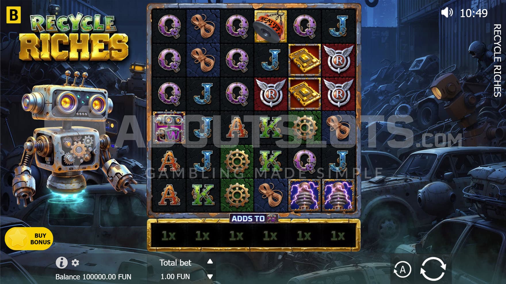 Base Game view of a 6x6 grid on a backdrop of a dark scrapyard with a robot hovering on the left.