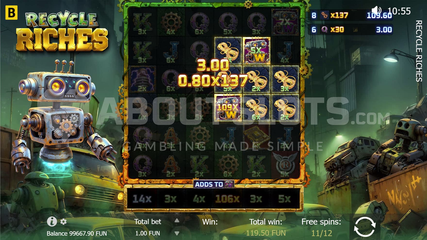 Free Spins bonus in progress, showing a combination being multiplied by a high multiplier.