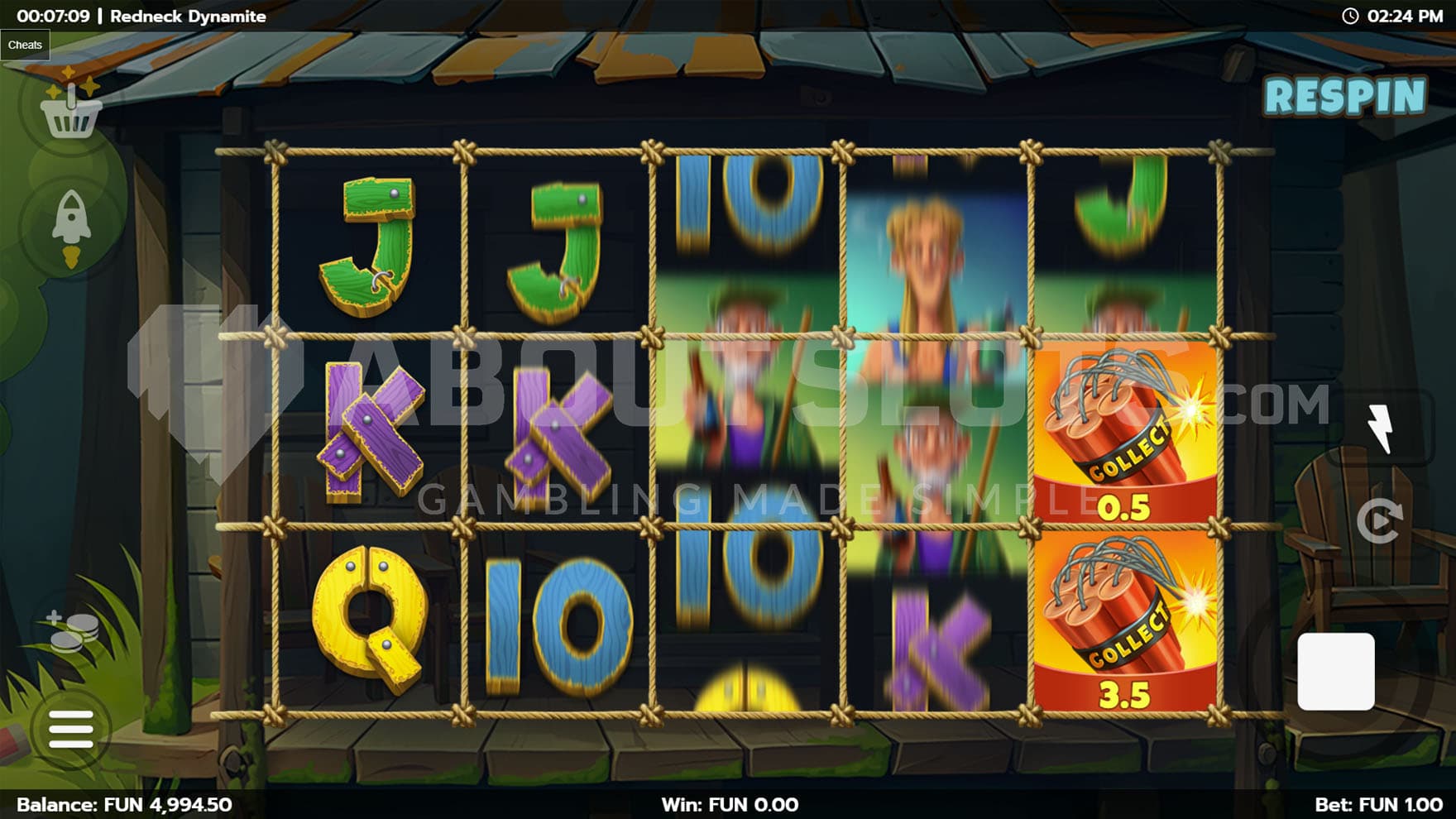 Dynamite Respin feature triggered in the base game, showing two Dynamite symbols on the last reel.