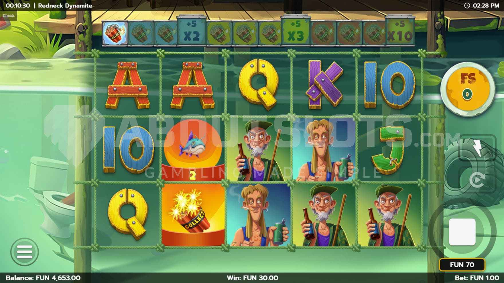 Free Spins bonus in progress, showing a Prize Symbol being collected by the Dynamite symbol.