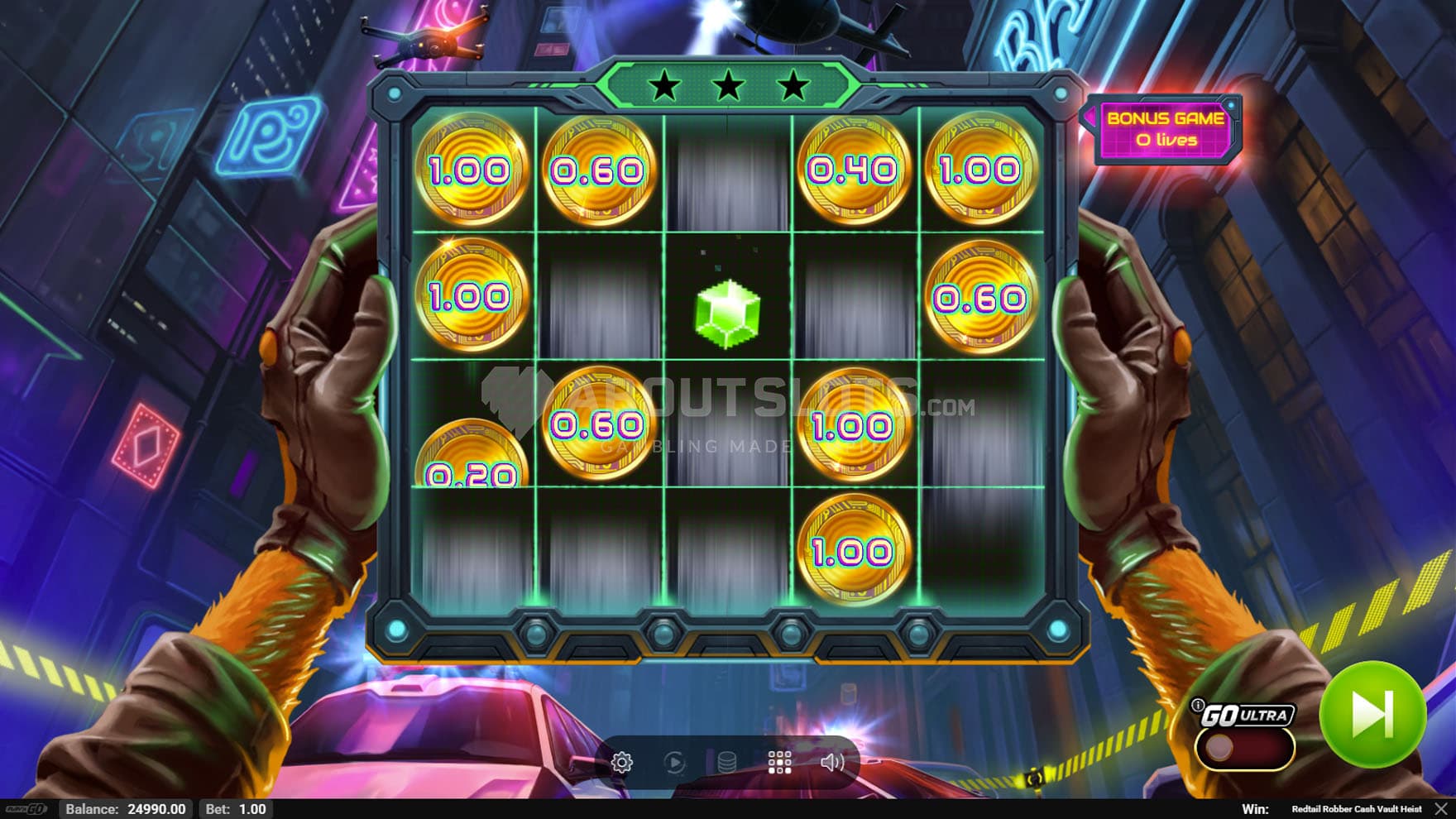 Screenshot of the Bonus Game, showing multiple cash symbols locked on the grid.