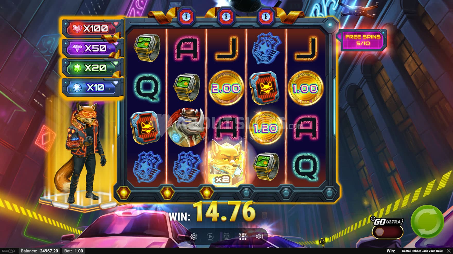 Screenshot of the Free Spins, with a roaming Collector Wild.
