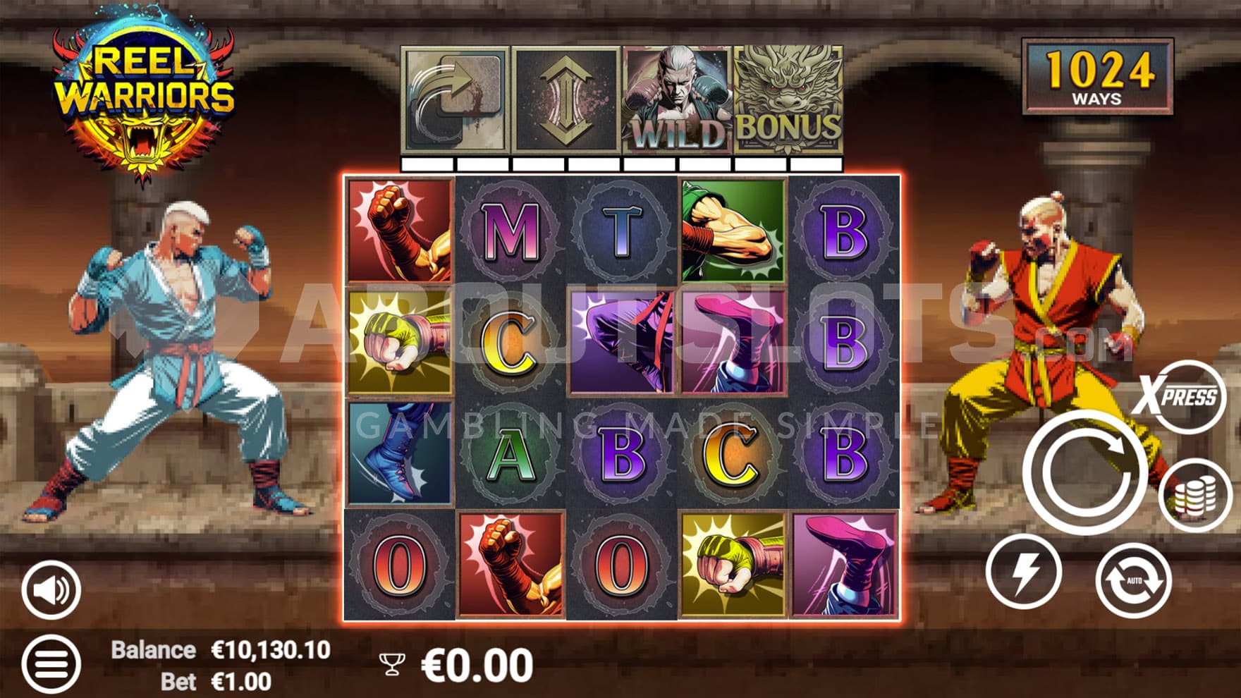 Base Game view of a 5x4 grid on a backdrop of a video fighting game level with two fighters on the opposite sides of the screen.