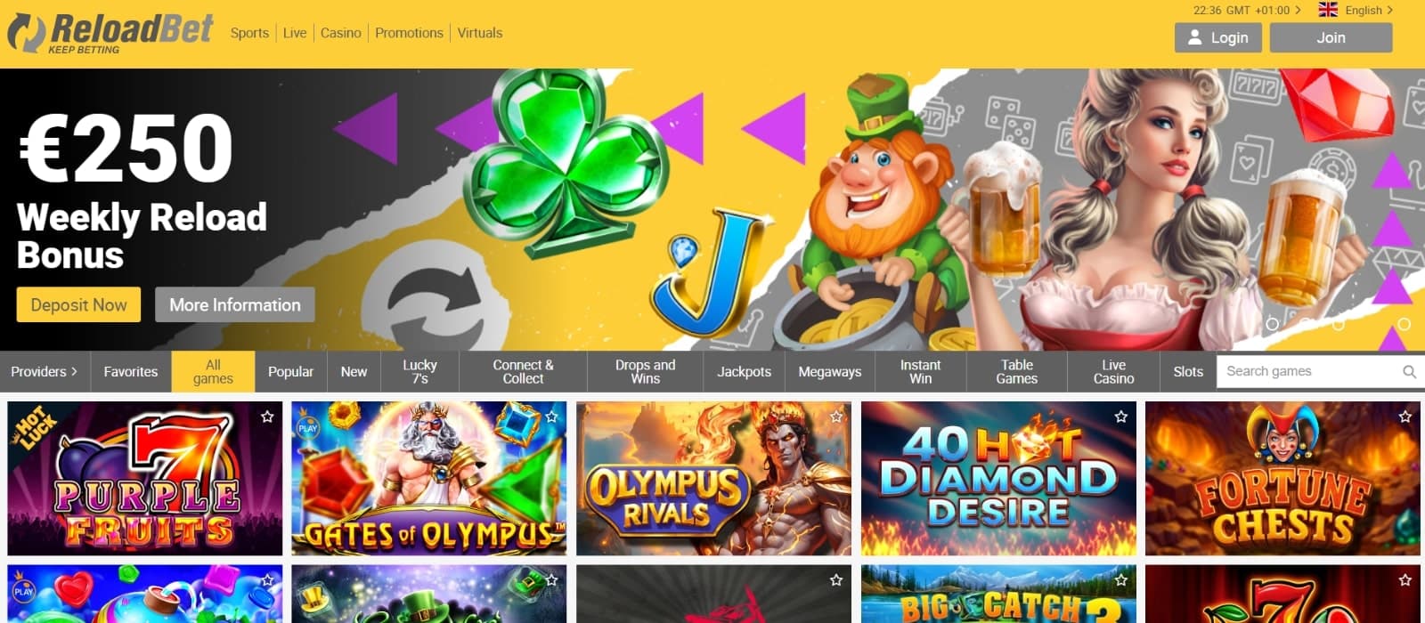 ReloadBet Casino's games page with the tab categories and search filter