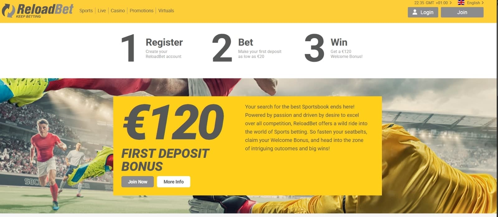 ReloadBet Casino's landing page with the first deposit sports betting bonus and images of football players