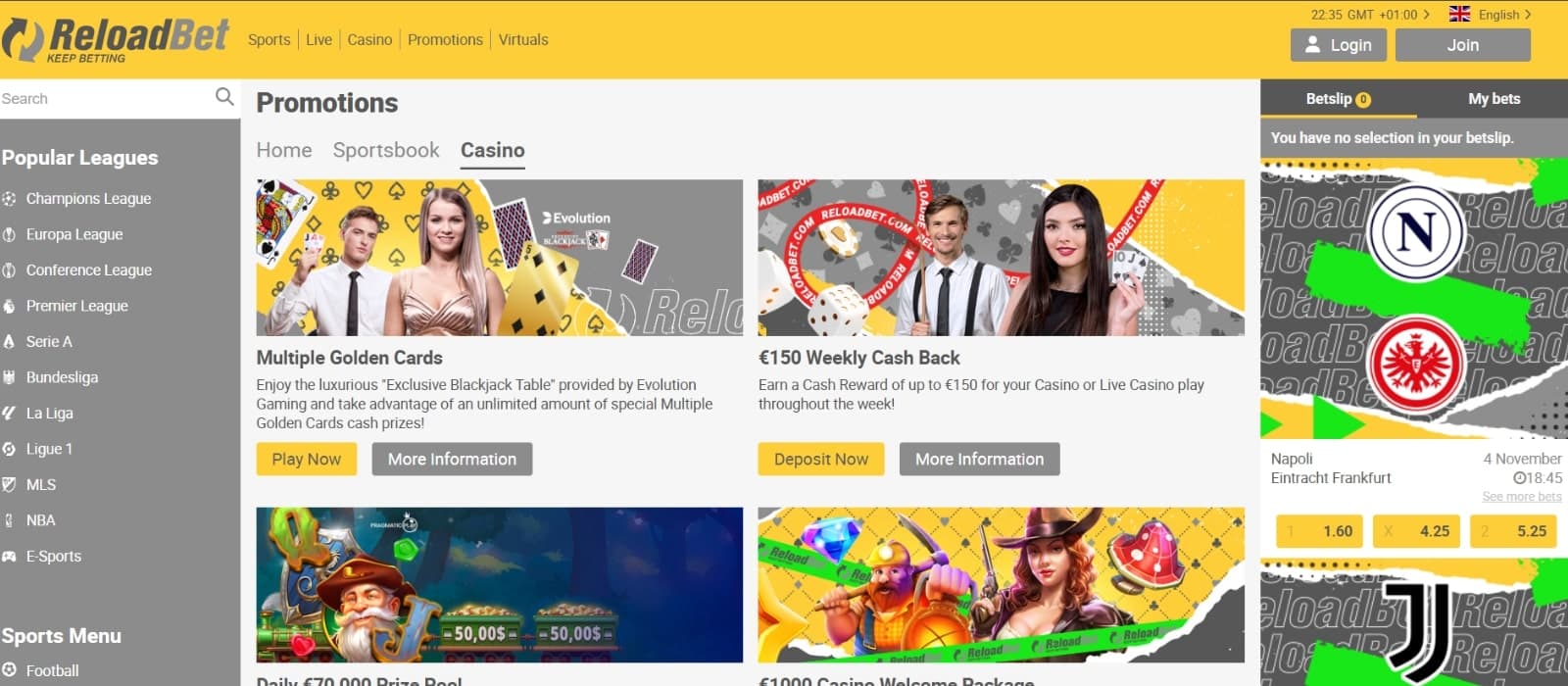 ReloadBet Casino's promotions page displaying the 150 euro cashback, welcome bonus, reload offer and golden cards