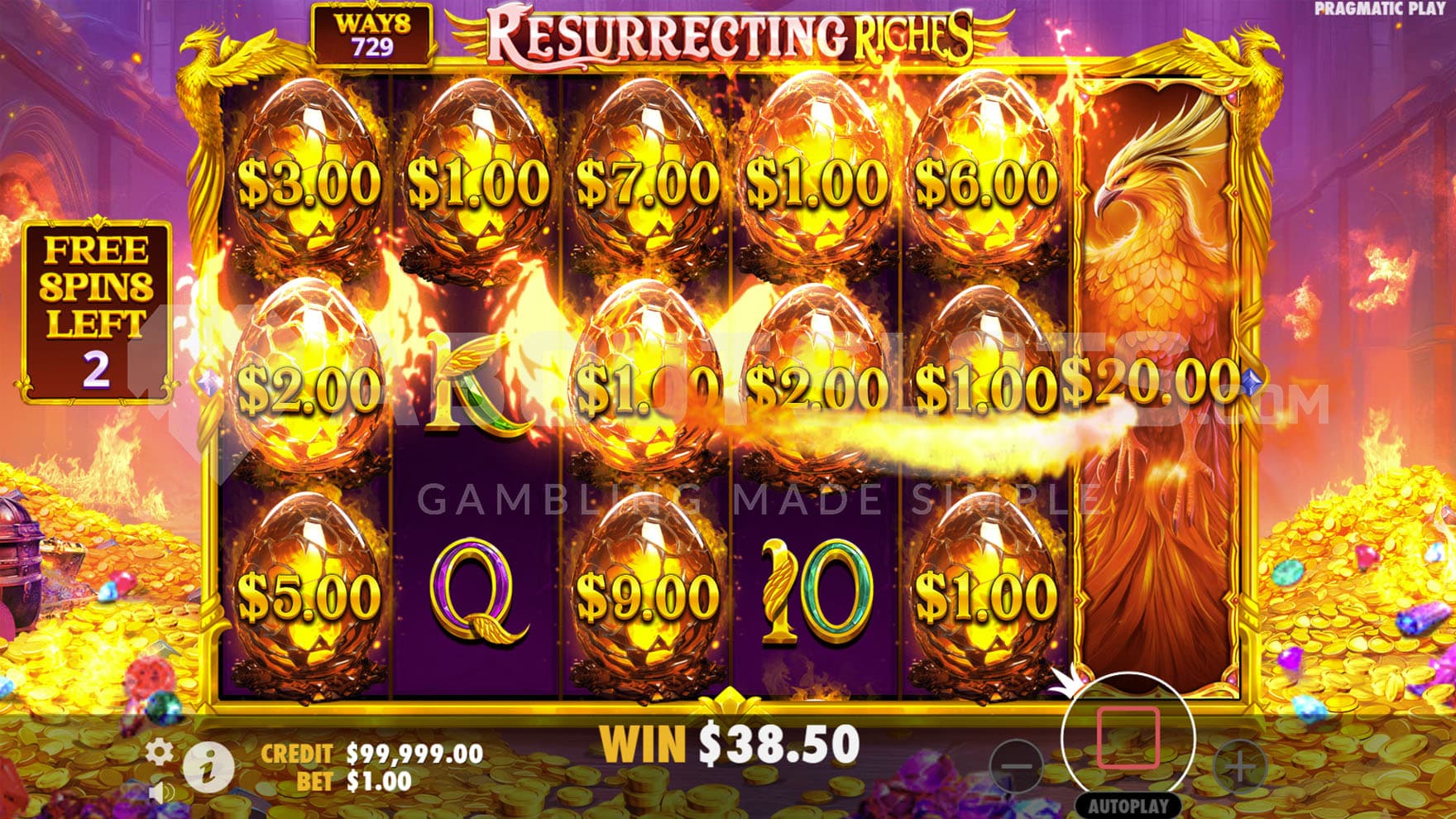Free Spins bonus in progress, showing multiple Money symbols collected by the Collect symbol on reel 6.