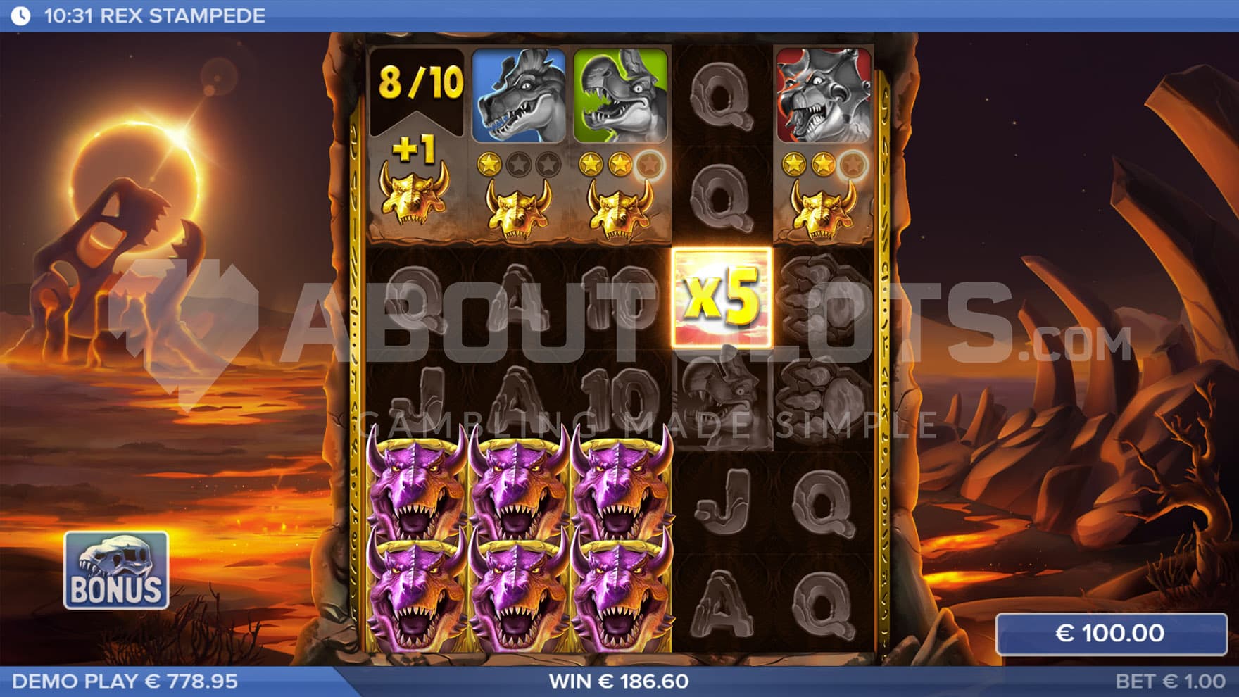 Bonus Game in progress, showing multiple reels with tokens collected and a win with an x5 multiplier on the top paying symbol.