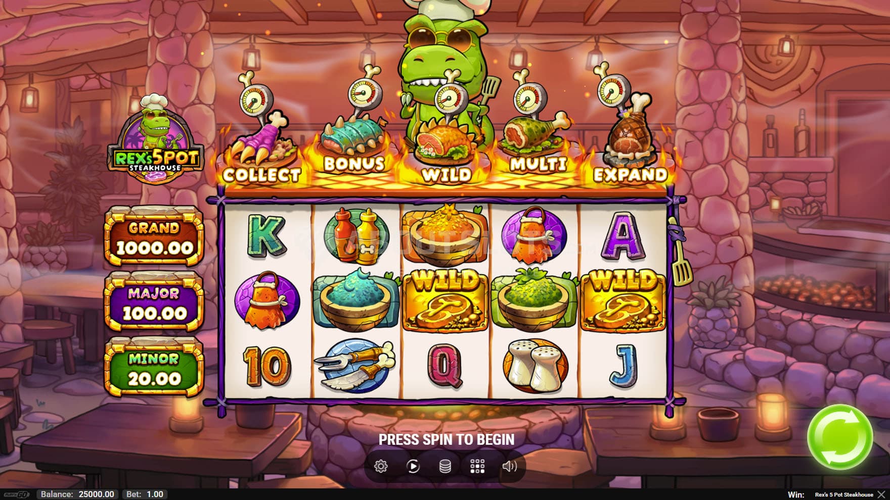 Screenshot of the base game, showing a 5x3 grid on a backdrop of a prehistoric restaurant run by a dino chef.