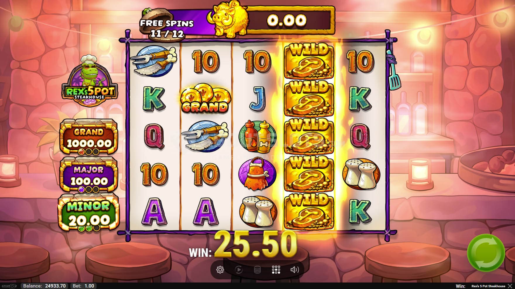Screenshot of the Free Spins bonus in progress with 3 upgrades activated.