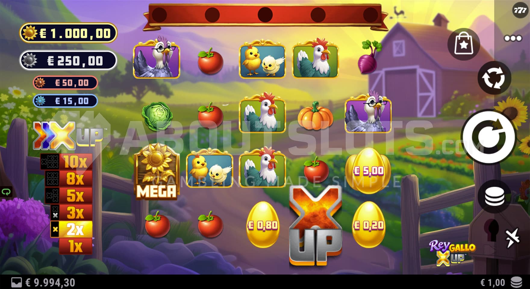 Base Game view of a 5x4 grid on a backdrop of a cartoony farm.