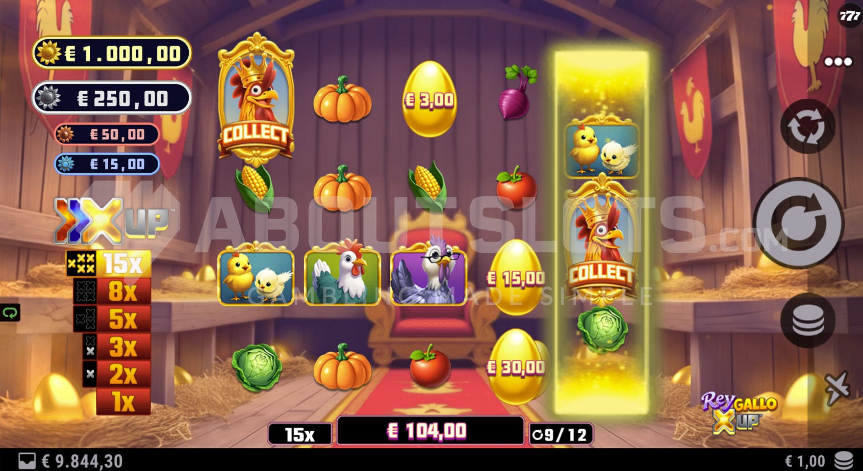 Free Spins in progress, showing 2 Collect symbols on reels 1 and 5 gathering cash prizes from the grid.