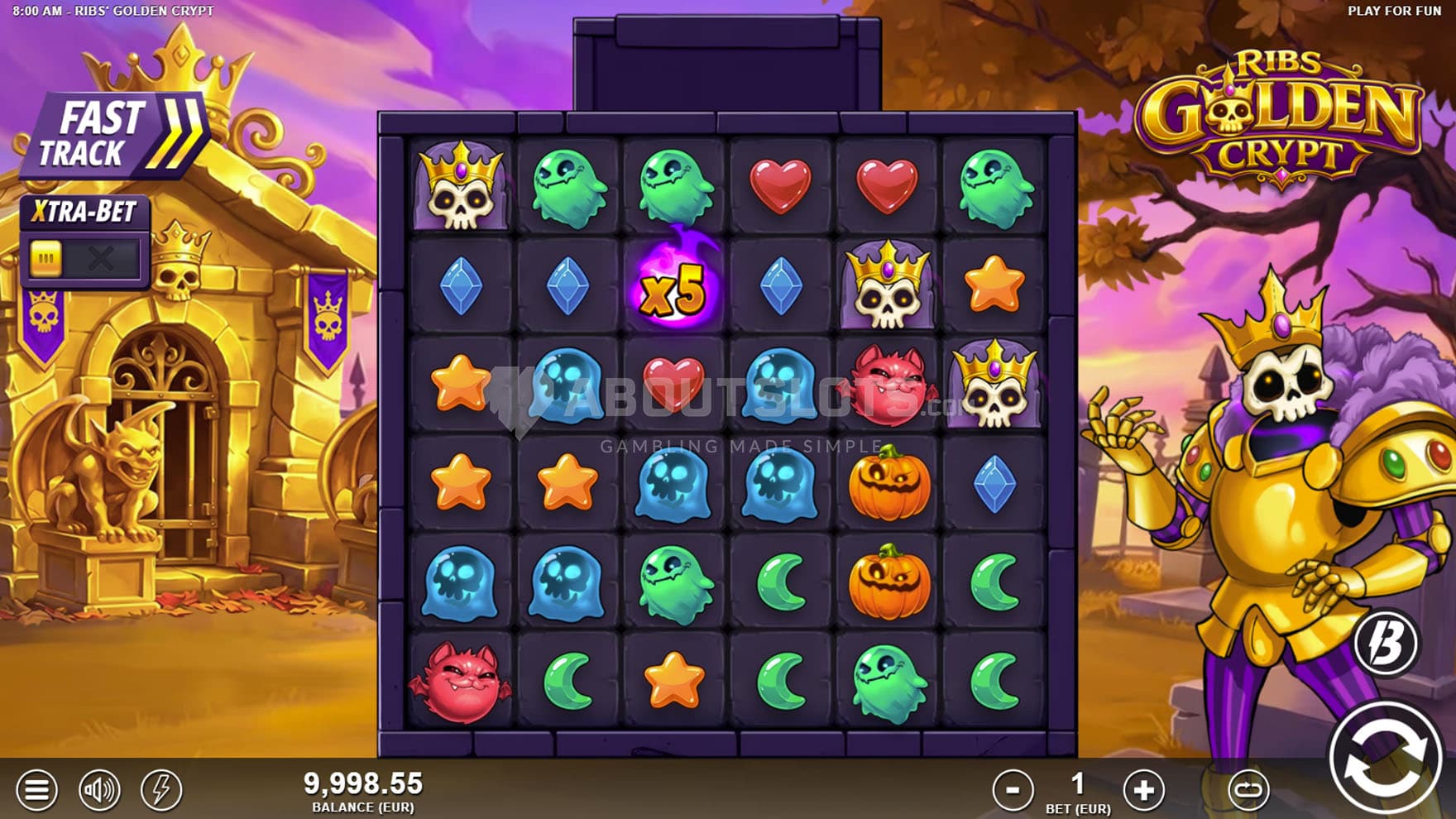 Screenshot of the base game, showing a 6x6 grid on a backdrop of a graveyard with a golden crypt and an armoured skeleton.