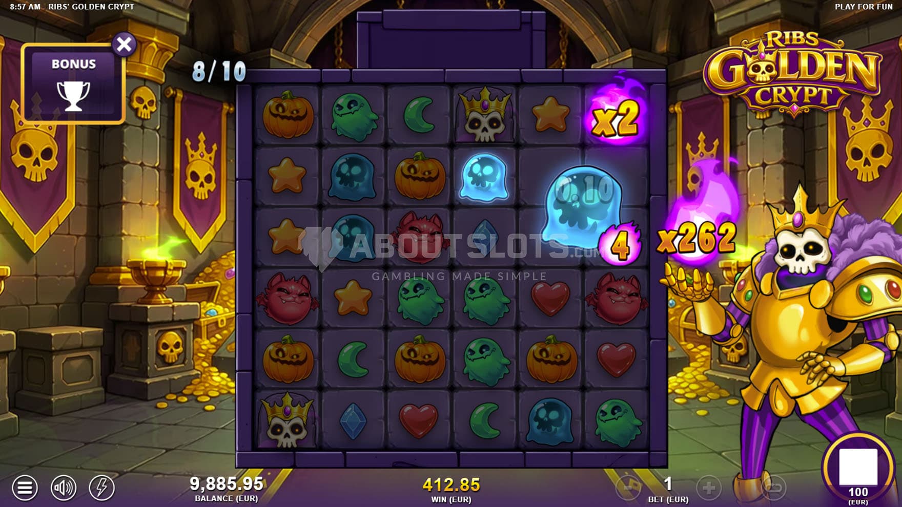 Screenshot of the Free Spins bonus in progress, showing the win multiplier increased to x262.