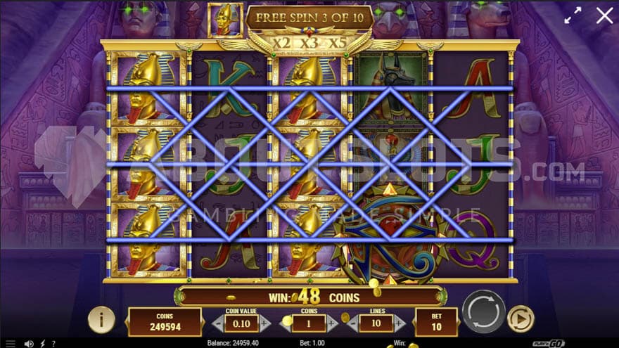 Free spins round showing a win on a high-paying Expanding Symbol on reels 1 and 3.