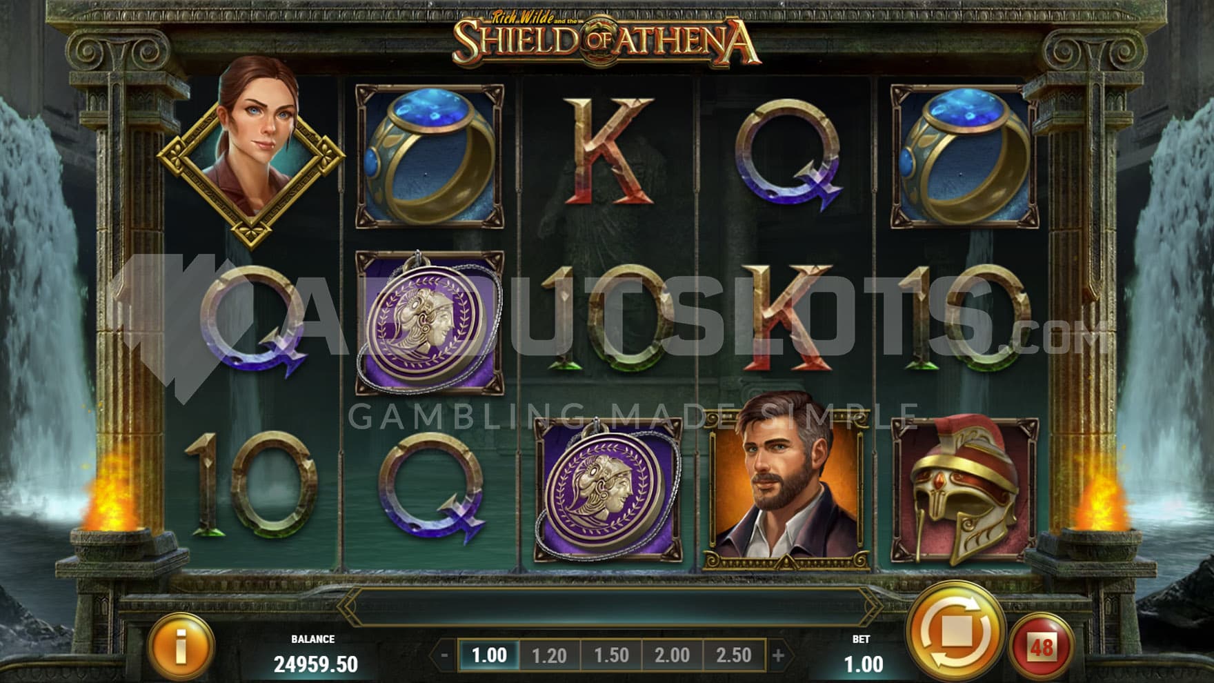 Base Game view of a 5x3 grid on a backdrop of Atlantis with waterfalls pouring into a pool.