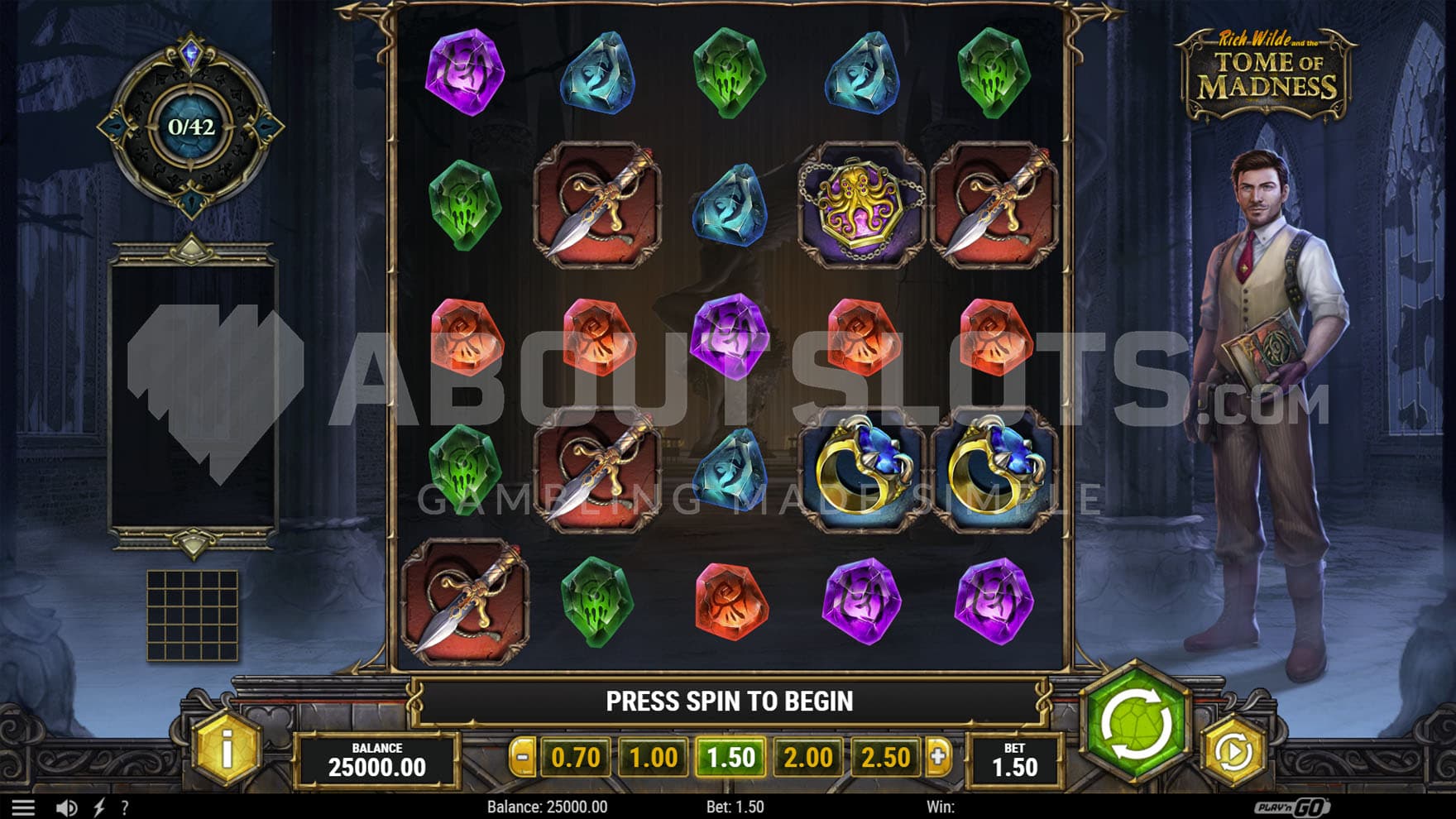 Screenshot from Rich Wild and the Tome of Madness online slot.