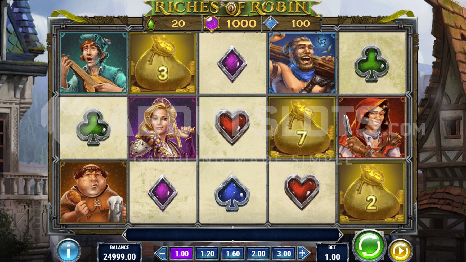 Base Game view of a 5x3 grid on a backdrop of a medieval town.