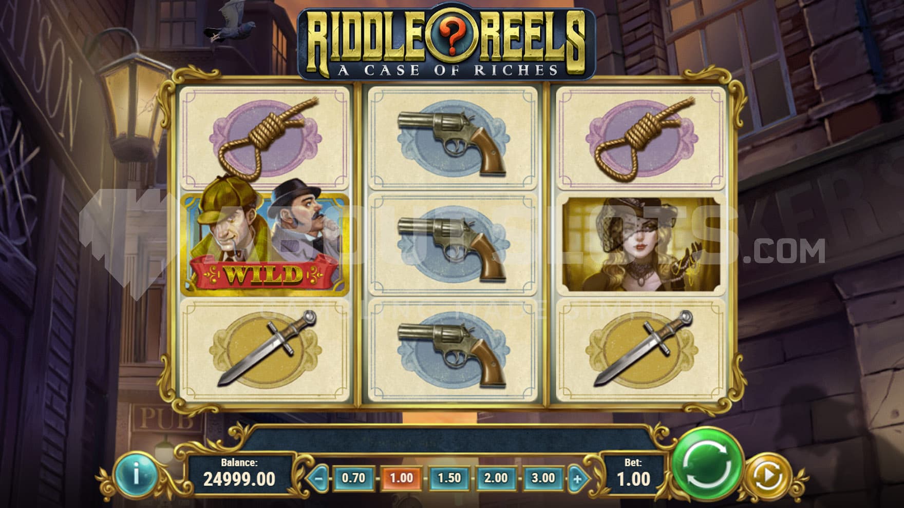 Base Game view of a 3x3 grid on a backdrop of a city street.