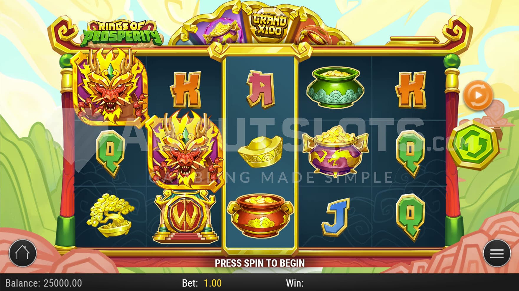 Base Game view of a 5x3 grid on a backdrop of a cartoony natural landscape.