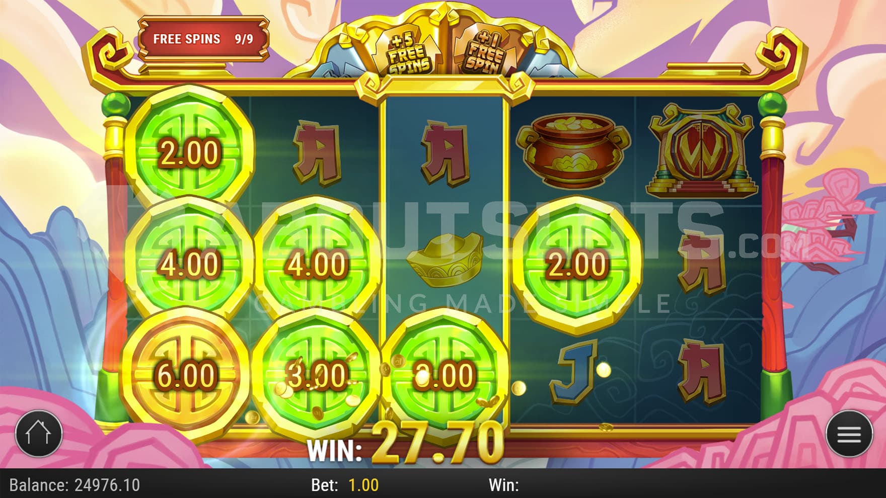Free Spins bonus in progress, showing multiple positions turning into cash prizes.