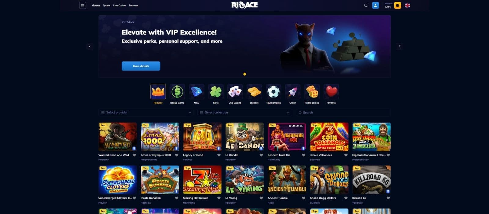 RioAce Casino games page with different slot games and the game categories on the top