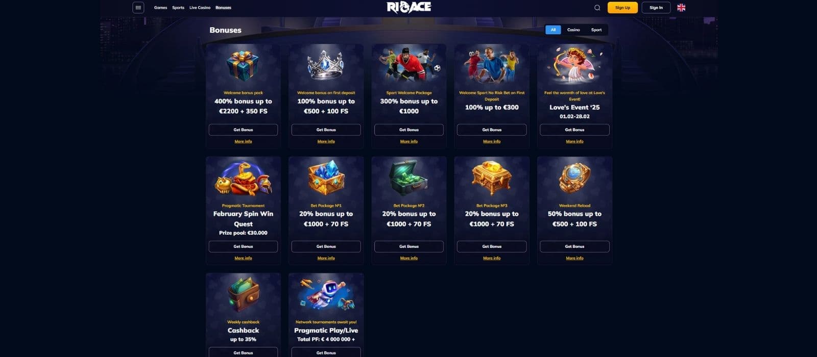 RioAce Casino promotions page showing casino and sports betting bonuses and promotions.