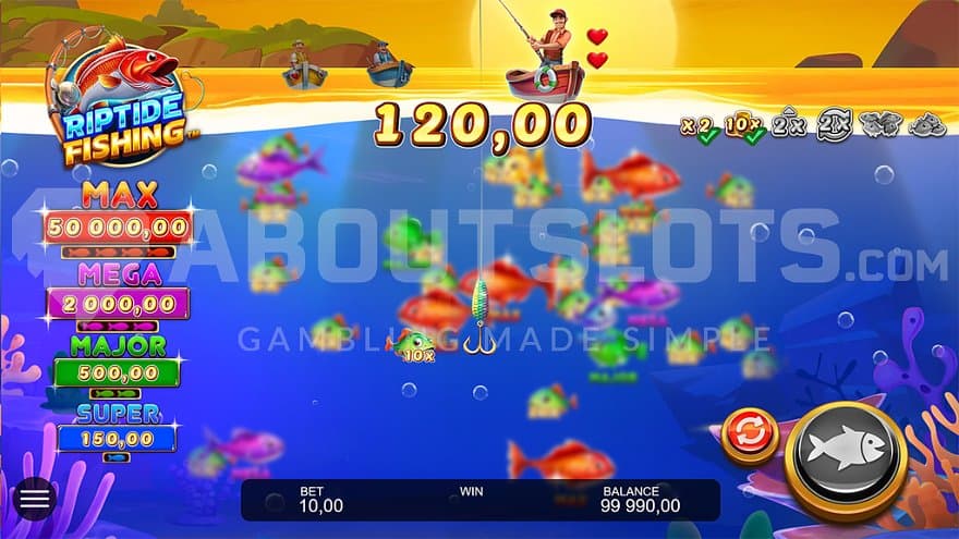 A fisherman hauling in a 12X win in the Bonus Game.