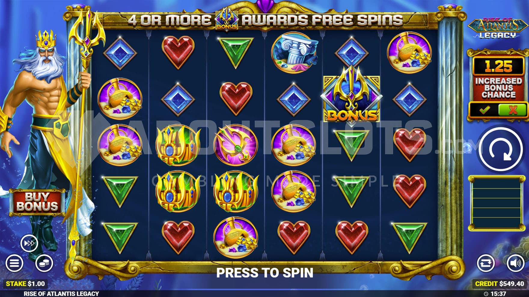 Base Game view of a 6x5 grid on a backdrop of an underwater landscape with Poseidon floating on the left.