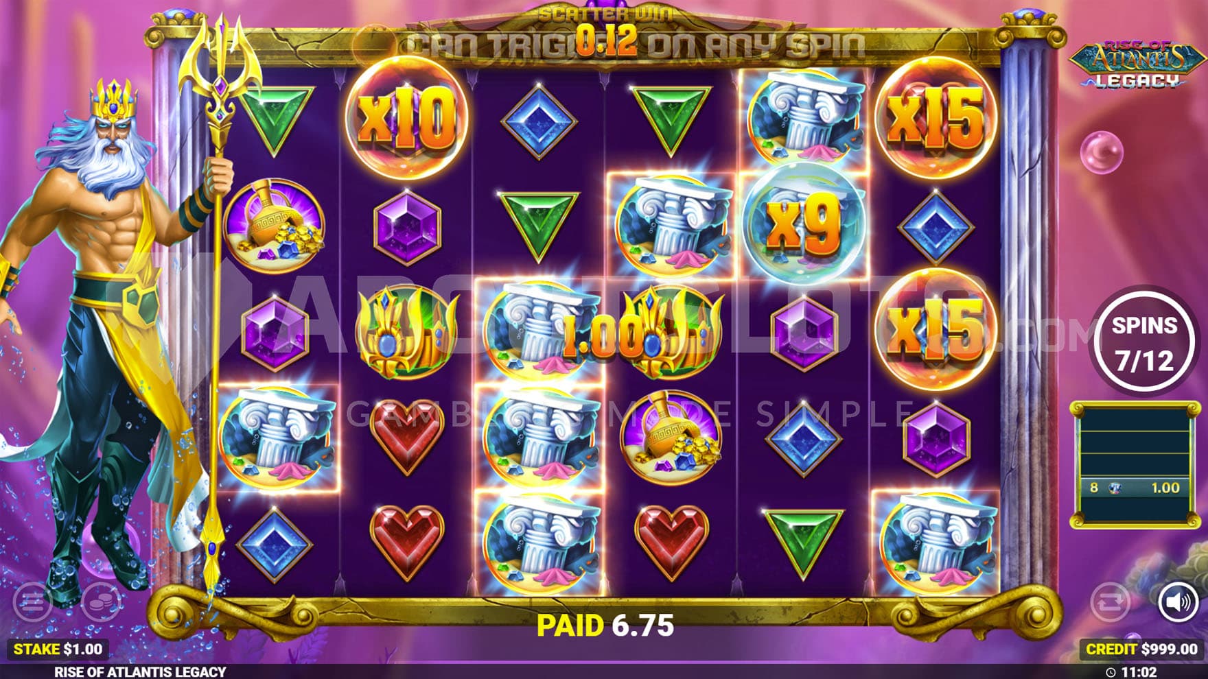 Rise of Atlantis Free Spins bonus in progress, with multiple Rising Multipliers visible on the screen, increasing their values with each step up.