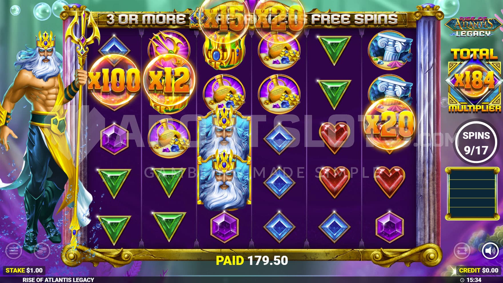 Legend of Atlantis Free Spins in progress, showing multiple Rising Multipliers on the grid with high values.