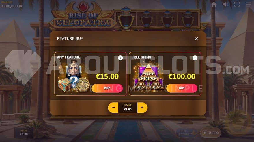 A menu where the player can purchase the Free Spins.