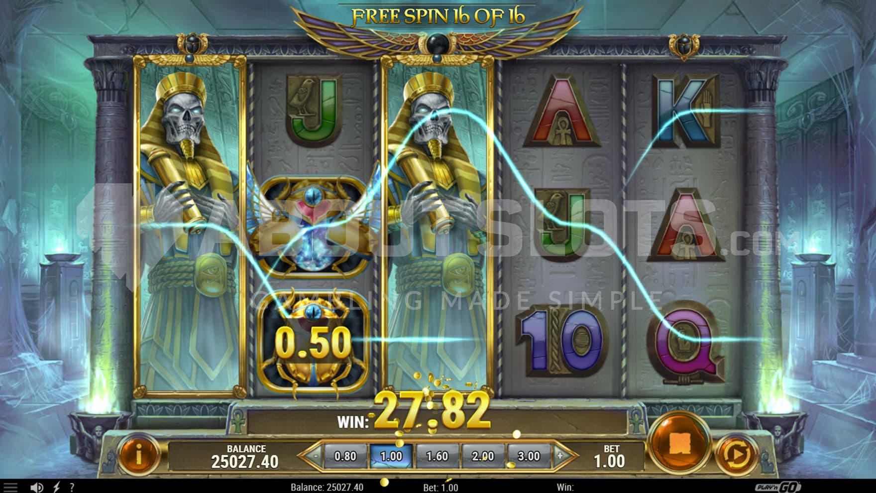 Ancient Free Spins bonus in progress, showing 2 expanded high-paying symbols on reels 1 and 3 creating a win.