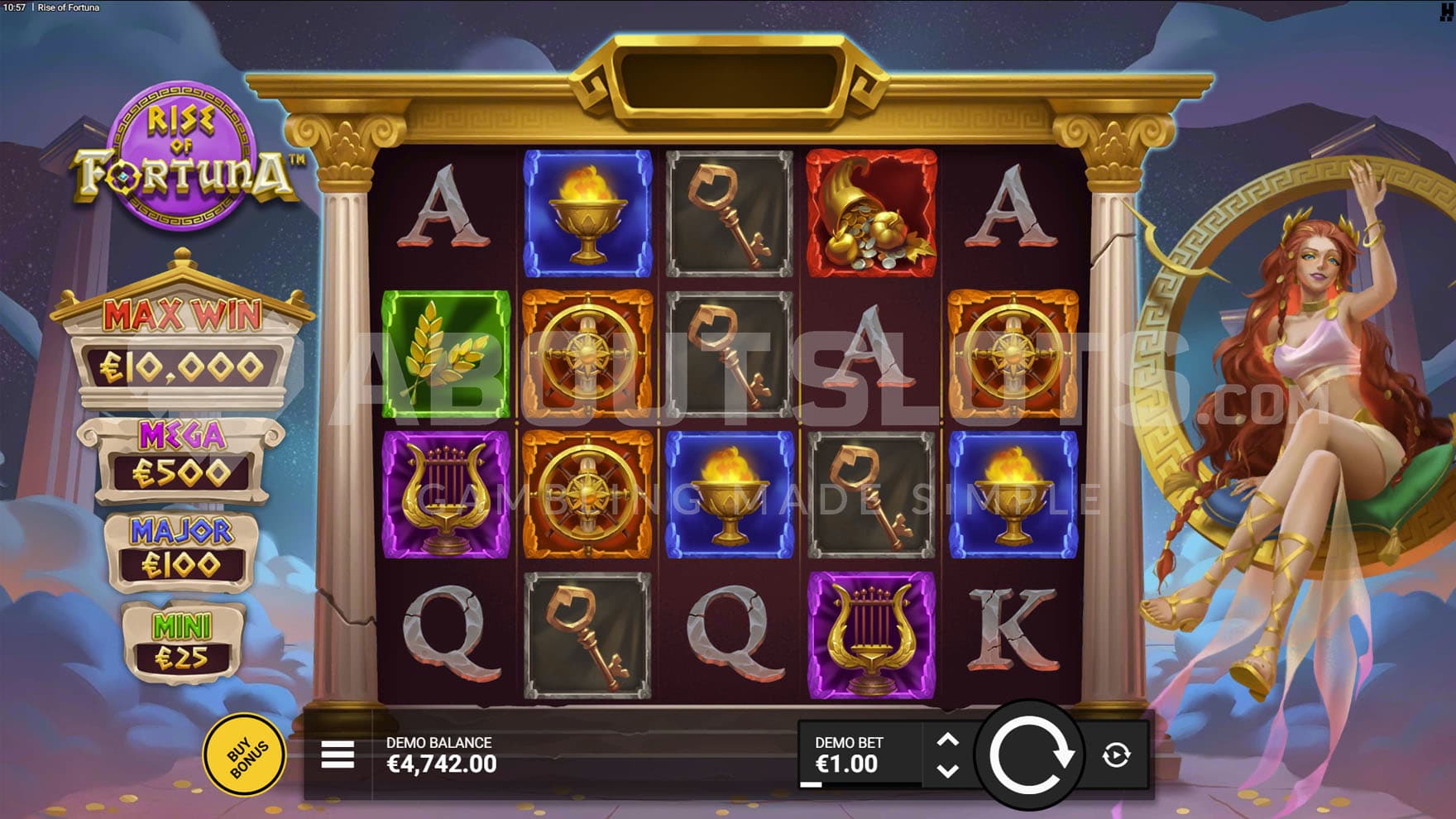 Base Game view of a 5x5 grid on a backdrop of a night sky with clouds, an a goddess swinging on a gold ring on the right.