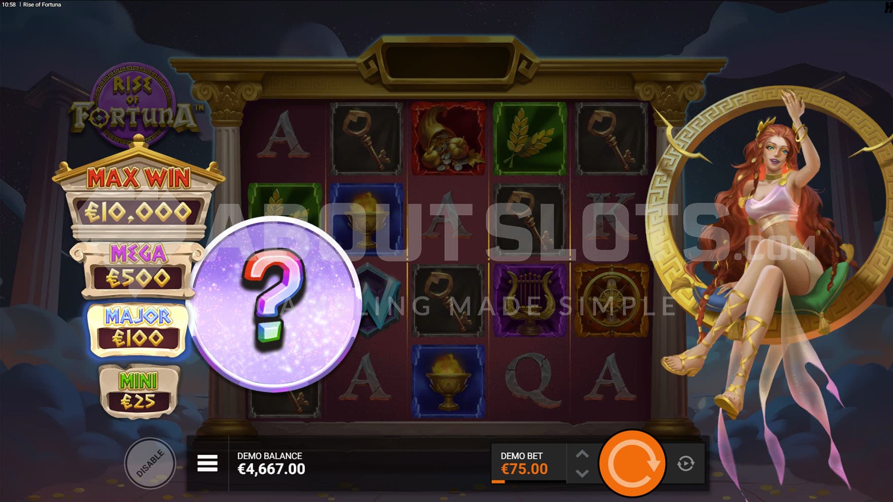 Fortuna Wheel triggered in the base game, awarding a mystery jackpot prize.
