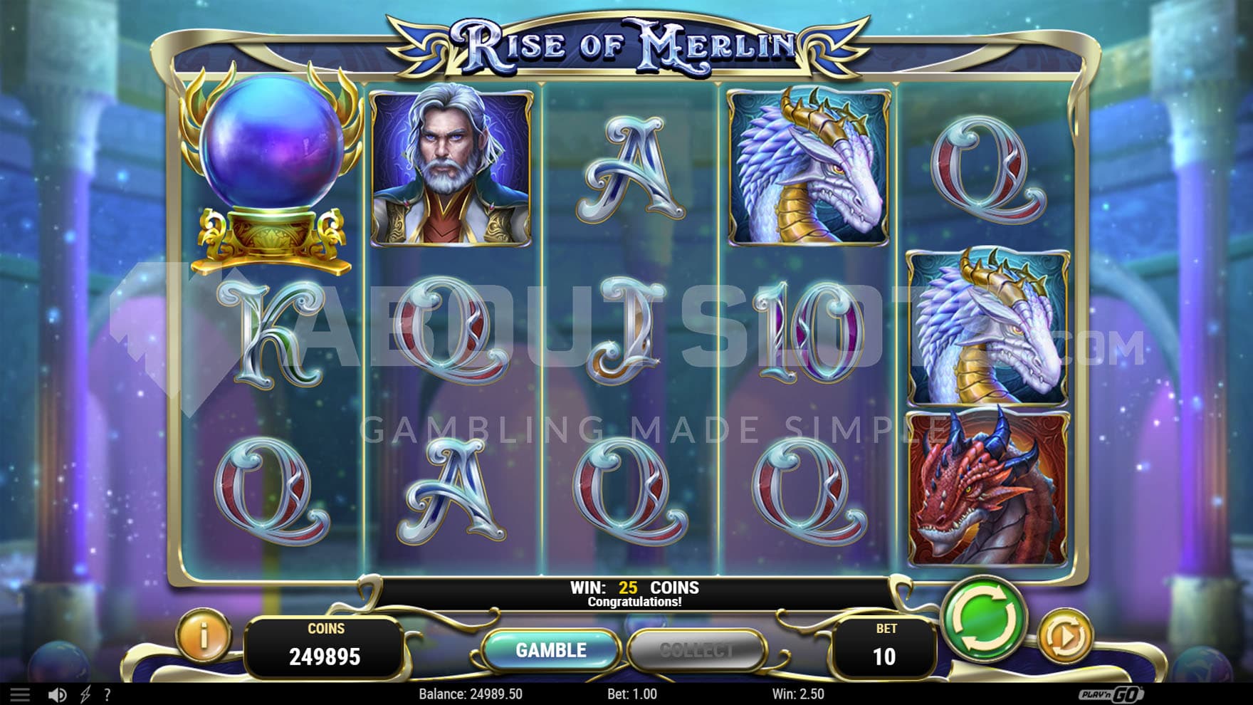 Base Game view of a 5x3 grid on the backdrop of the interior of a magical castle.